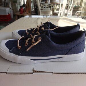 Sperry denim women's sneakers size 4M, slip on, gold leather laces, like new